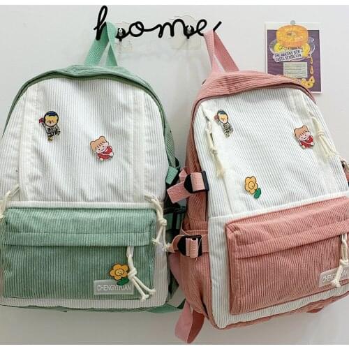 Casual Women Corduroy Hit Color Schoolbag Girls Fashion Large Capacity Shopping Shoulder Handbags Portable Badge Travel Rucksack