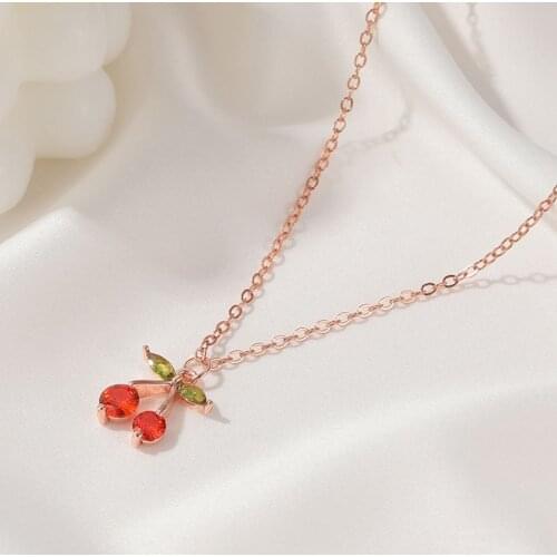 Sweet Little Cherry Necklace for Women Copper Inlaid Zircon Fruit Pendant Necklace Winter Wild Sweater Chain