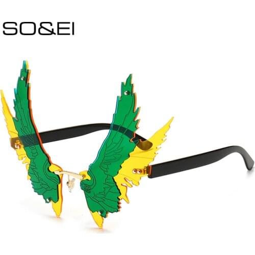 SO&EI Fashion Oversized Unique Wing Shape Sunglasses Women Vintage Rimless Clear Purple Green Red Eyewear Men Eagle Wing Glasses
