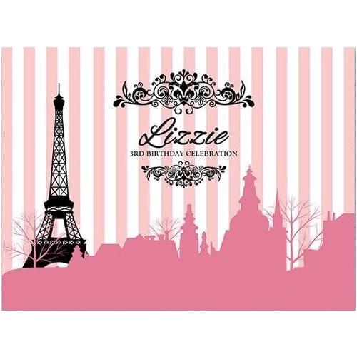 Custom Paris Eiffel Tower Pink And White Striped Building Birthday background Computer print party backdrops