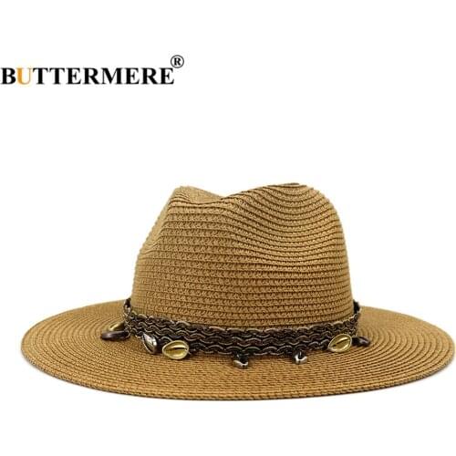 BUTTERMERE Panama Hat Stylish Sun Hats for Women Straw Fedora Hat Khaki Black Pink Beige Summer Beach Wide Brim Hat