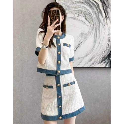 Small Fragrant Wind Retro Two piece set Women Summer 2021 New Denim Patchwork Single-breasted Short Sleeve Tops and Skirt Sets