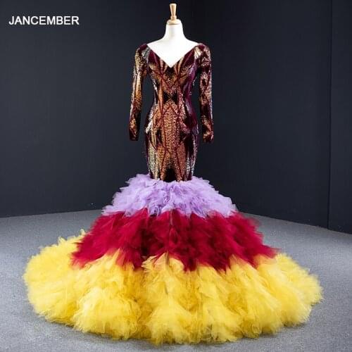 J67055 jancember sexy mermaid dress in Evening Dresses v neck long sleeve tiered colorful coke women dress robe sirene soiree