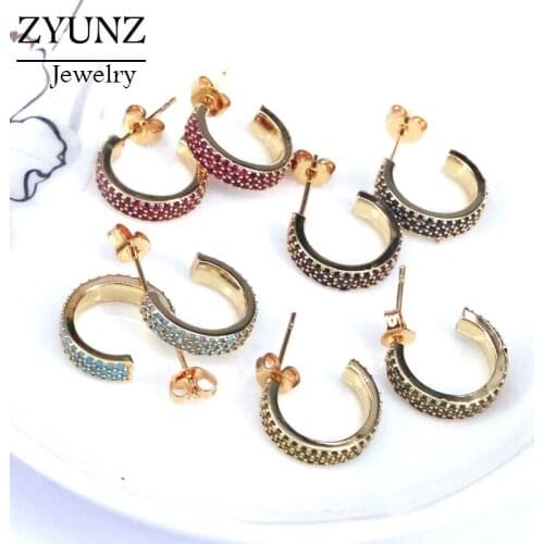 4 Pairs, C Shape Stud Earrings Jewelry Multi-color Cubic Zircon CZ Micro Paved Fashion Geometric Women Earrings