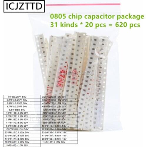 620PCS 0805 chip capacitor package 31kinds each 20pcs 1PF 10PF 100PF 1NF 100NF 1UF 47PF 330PF 3.3NF 68NF 220NF 2.2PF 4.7PF 33NF