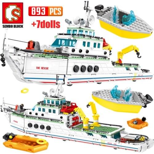 SEMBO 893PCS City Police Assembly Ship Model Building Blocks Military Emergency Rescue Boat Figures Bricks Children Toys