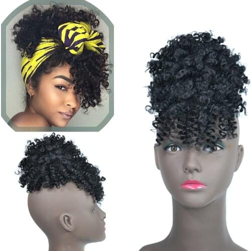 Afro Kinky Curly Ponytail With Bangs Afro Puff Clip In Hair Extensions For Black Women Synthetic Drawstring Ponytail Hair Bun