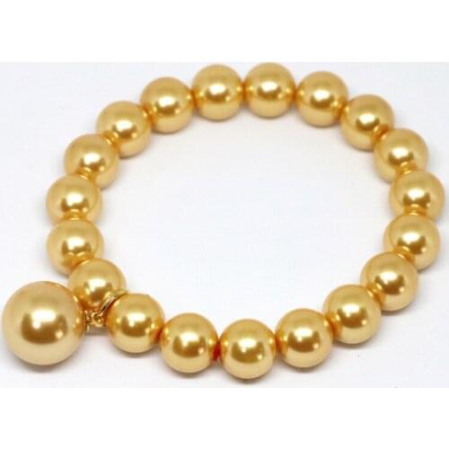 Bohemia style gold yellow imitation south sea shell pearl round beads 10mm bracelet for women elastic rope jewelry 7.5inch B1708