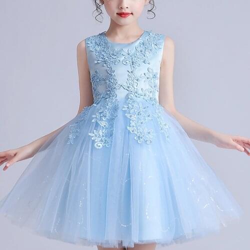 Girls' Dress 4-12 Kids Sweet Wedding Party Clothing Frock Flower Beading Gown Princess Summer Girls‘ Short Dress Costumes M683
