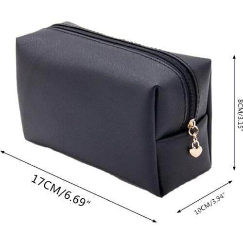 H9ED Faux Leather Zipper Cosmetic Bag Waterproof Solid Makeup Toiletry Organizer Case