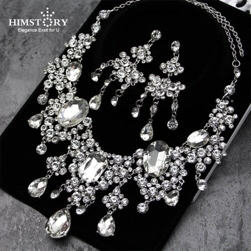 Himstory Fashion Clear Waterdrop Crystal Wedding Bridal Jewelry Sets Necklace Earring Bride Women Prom Jewelry Accessories