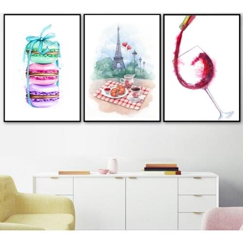 Canvas Painting Watercolor Paris Macaron Coffee Croissant Wine Wall Art Pictures For Living Kids Room Decoration Home Decor