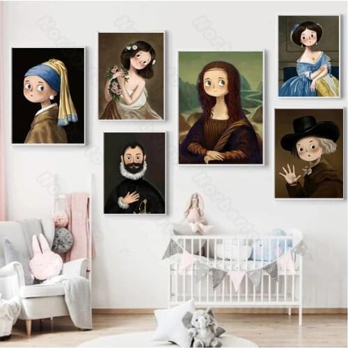 Retro Style Canvas Painting Poster Creative World Famous Celebrity Cartoon Cute Mona Lisa Vermeer Home Rooms Gallery Wall Decora