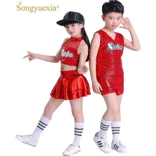 Songyuexia jazz dance costume girl Red hip hop dance costumes kids cheerleader costume girl boy dance wear Stage dance Costumes