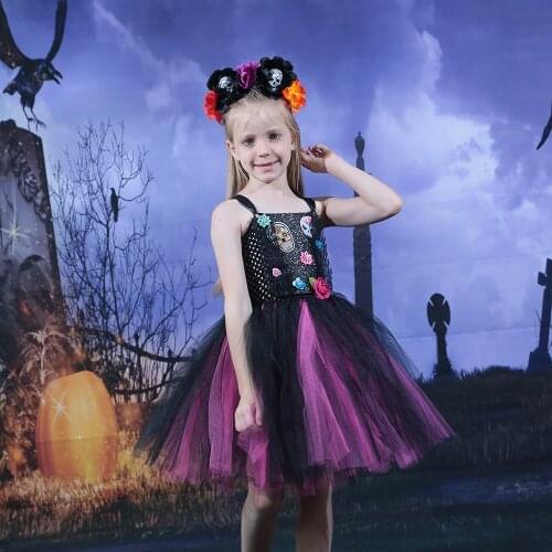 Day of the Dead Halloween Costume for Girls Tutu Dress with Headband Sugar Skull Kids Party Dresses Carnival Pageant Ball Gown