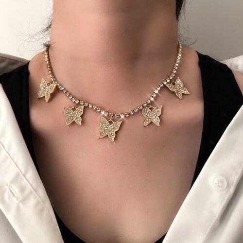Trendy Rhinestone Butterfly Pendant Necklace For Women Shining Crystal Tennis Chain Choker Necklace Luxury Wedding Party Jewelry