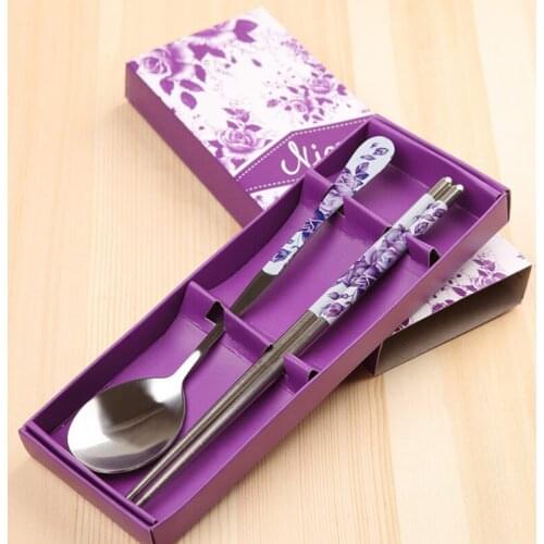 2Pcs Stainless Steel Tableware Set Chopsticks Spoon Exquisite Printing Handles Dinnerware with Box Portable Cutlery Flatware