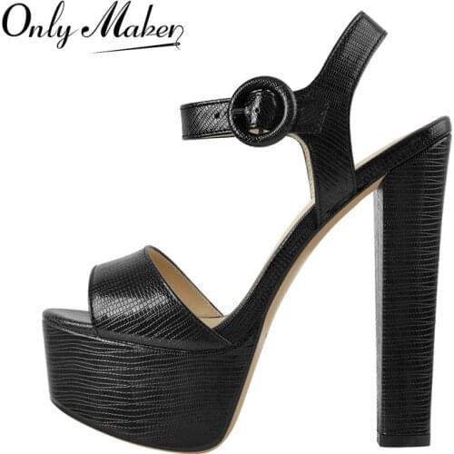 Onlymaker Ankle Buckle Platform Sandals Transparent Metal Square Heels Pointed Toe Matte Black Crocodile Print Shoes Big Size