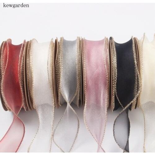 Kewgarden Wholesale 55mm 2" Gold Edge Shiny Voile Ribbon Handmade Tape DIY Girls Hairbow Accessories Packing Riband 35 Yards