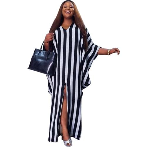 African Maxi Dresses For Women 4XL Plus Size Batwing Sleeve Boubou Summer New Striped Streetwear Oversize Split Long Dress Robes