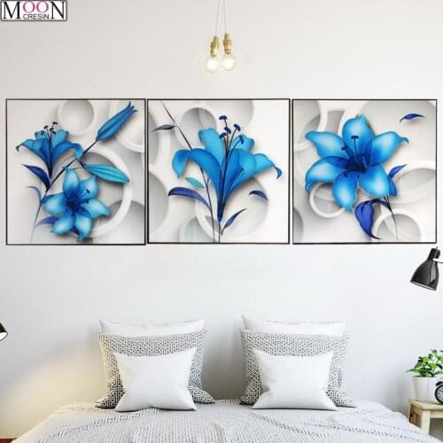 Triptych DIY 5D Diamond Painting Cross Stitch Blue Lily Flower Diamond Mosaic Full Square Drill DIY Diamond Embroider Decoration