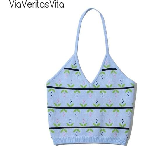 Y2K Blue Tops For Women Cheery Jacquard V Neck Womens Halter Knit Crop Top Sexy Corset Top Korean Fashion Womans Knit Tank Tops
