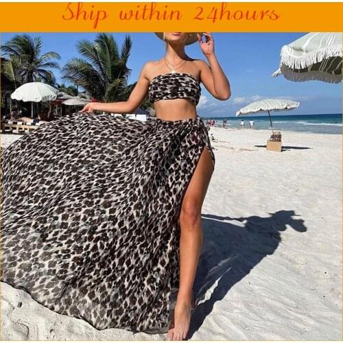 Yeinchy fashion women bra sleeveless set ladies holiday beach two pcs leopard print top and long split skirt set FY6666