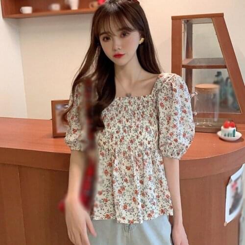 Short Top Floral Puff Sleeve Short-sleeved Shirt Female 2020