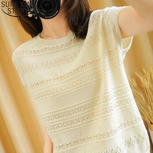 Cotton Shirt Women Knitted Blouse 2021 Summer New Round Neck Pullover Knitwear Clothing Plus Size Casual Tops Short Sleeve 14642