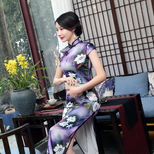 Female Purple Silk Qipao Satin Cheongsam Traditional Chinese Vintage Dress Plus Size Qi Pao Long Elegant Purple Evening Dresses