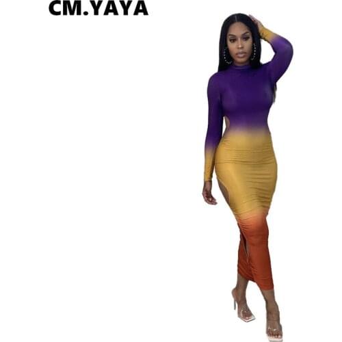 CM.YAYA Women Long Dress Hole Cut Out Gradient Coloar Skinny Maxi Dresses Female Fashion High Streetwear Casual Vestidos Autumn