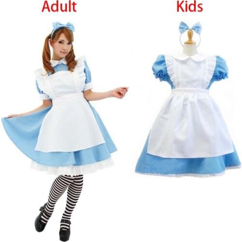 Women Girls Lolita Dresses Alice Cosplay Costume Maid Outfit Fantasia Carnival Apron Dress Halloween Costumes Dress + Headwear