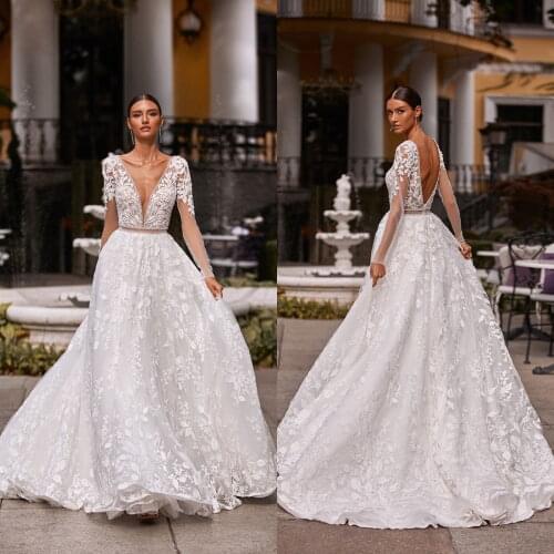 2021 Long Sleeve Wedding Dresses for Women Lace Appliques A Line Deep V Neck Boho Bridal Gowns Backless Vestidos De Novia