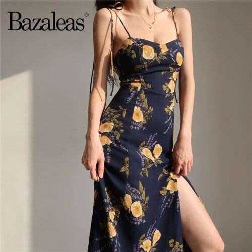Bazaleas Sexy Yellow Floral Print Navy Vestidos Retro Split Dress Vintage Spaghetti Strap Midi Women Dresses