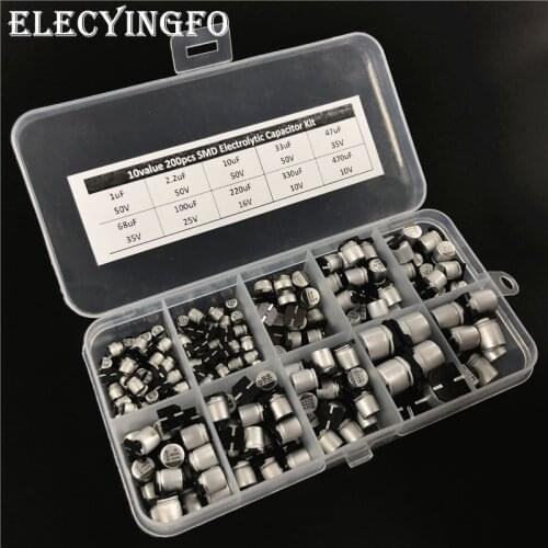 10values 200pcs SMD Electrolytic capacitor assorted kit 10V~50V 1uF~470uF with storage box