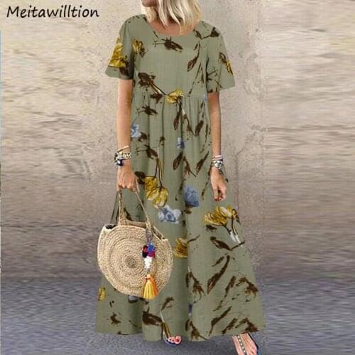 2021 Retro Floral Printed Women Summer Dress Ladies Casual Short Sleeve Loose Dress Plus Size Female Maxi Dresses