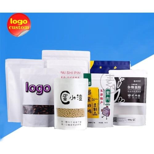 White Kraft Ziplock Zipper Stand Up Bag with Window for Coffee Nut Grain Spice Food Snack Candy Gift Store Packaging Custom Logo