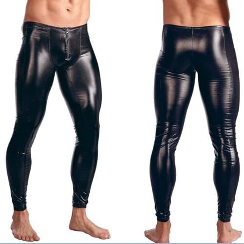 Sexy Men Punk Elastic Tight Trousers Shiny Pencil Pants Faux Leather Fashion Zipper Front Glossy Stage Men Pencil Pants Gay Wear