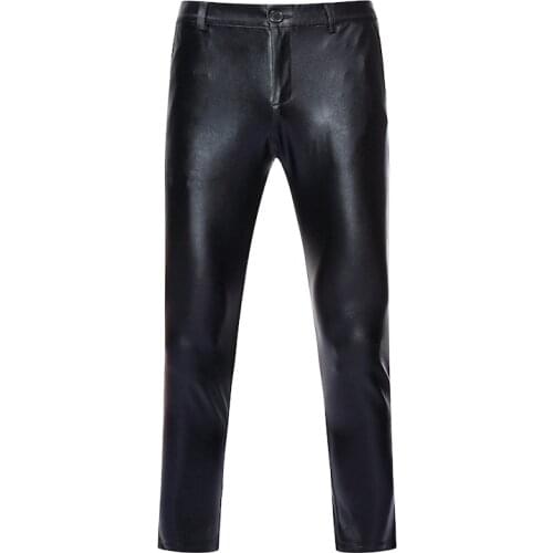 Black Coated Metallic Motorcycle PU Faux Leather Pants Men 2020 Brand Hip Hop Trousers Men DJ Nightclub Stage Pants for Singers