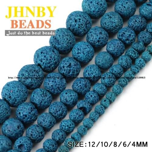 JHNBY Peacock blue Lava Natural Stone beads Volcanic rock Top quality 4/6/8/10/12MM Round Loose bead for jewelry making bracelet