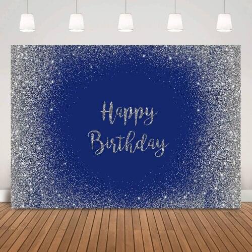 Navy Blue Happy Birthday Backdrop for Party Glitter Sliver Dots Adult Children Birthday Cake Table Background Decoration Props