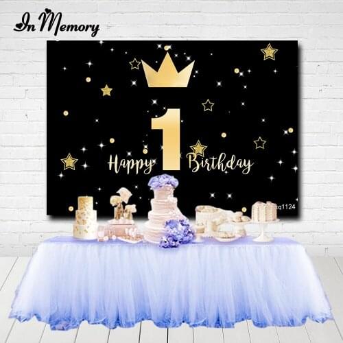 InMemory Kids 1st Birthday Party Photography Backdrop Black Crown Glitter Little Gold Stars Background Custom Photocall