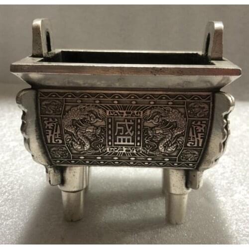 China archaize White copper double dragon incense burner crafts statue