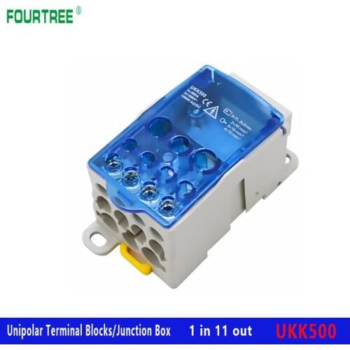 UKK 500 Terminal Blocks Power Distribution Junction Box One In Several Out Universal Electric Wire Connector Din Rail 11 Way Out