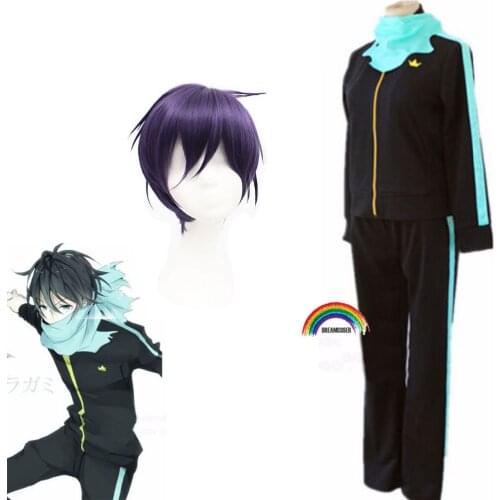 Anime Styled Black Purple Noragami yato short Synthetic Hair Cosplay Costume suit sports clothes set Wig + Wig Cap
