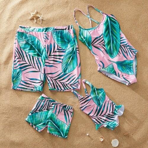 Parent-child Swimsuit for Girl Women One-piece Swimwear Tropical Printed Design Beach Wear Swimming Trunks for Men Boy MC889