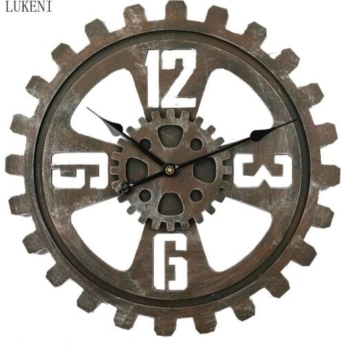 Large Size 58cm Roman Numerals Gear Wood Material Wall Clock Retro Clock Bar Cafe Home Wall Clock Watch Hanging Decorations