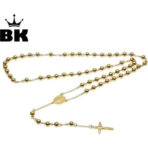 NEW Catholic Goddess Virgen de Guadalupe 8mm beads Gold Color Rosary Necklace Jewelry Jesus Crucifix Cross Pendant