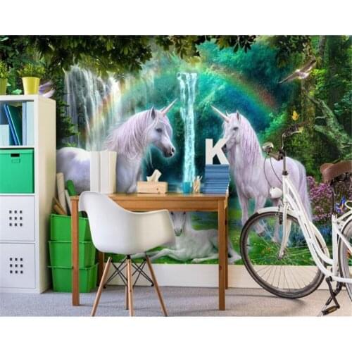 Beibehang Custom 3D children room wallpaper Green forest rainbow grass on white unicorne child house background wall wallpaper