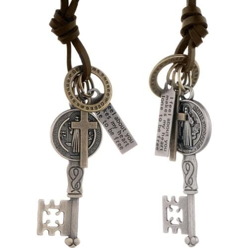 Simple Retro Personality Cowhide Necklace Pull Adjustment Key Pendant Necklace